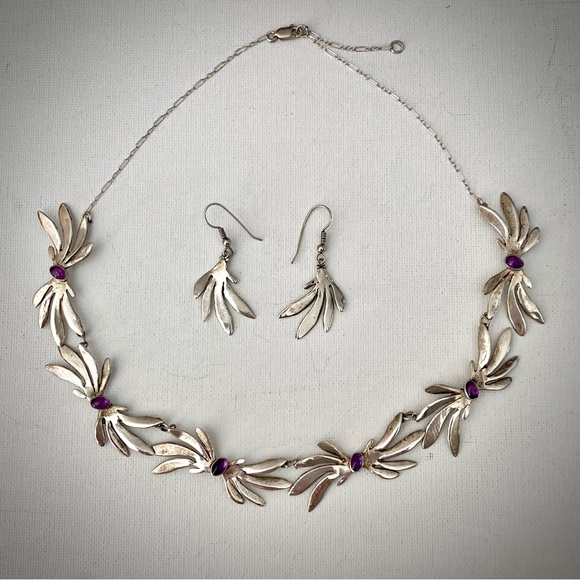 Jewelry - Sterling Silver Necklace & Earring Set with Natural Amethyst Stones